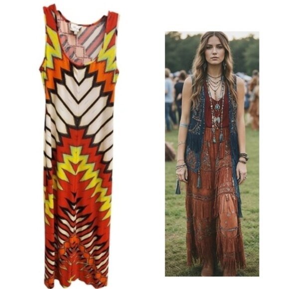 Western Maxi Dress Tribal Aztec Jersey Stretchy Cowgirl Rodeo - Picture 2 of 16